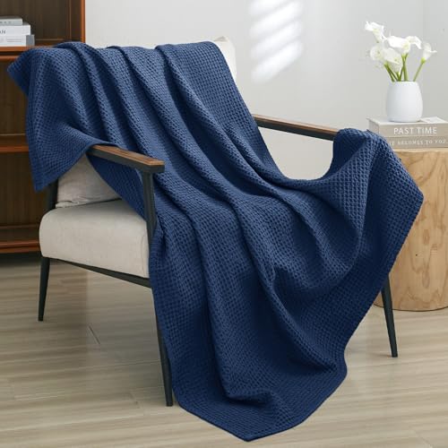Image of PHF 100% Cotton Waffle Throw Blanket Lightweight Breathable, Bright Blue