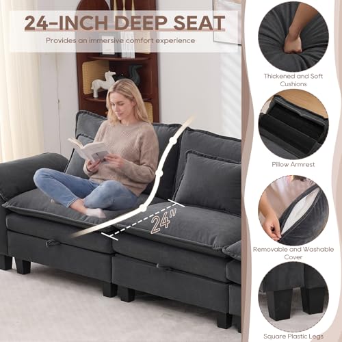 Image of IPKIG 151 inch Modular Cloud Couch with Storage, U Shaped Sectional Sofa with Ottoman & Pillow, Velvet Deep Seat Sectional Couches for Living Room, Apartment, Dark Grey