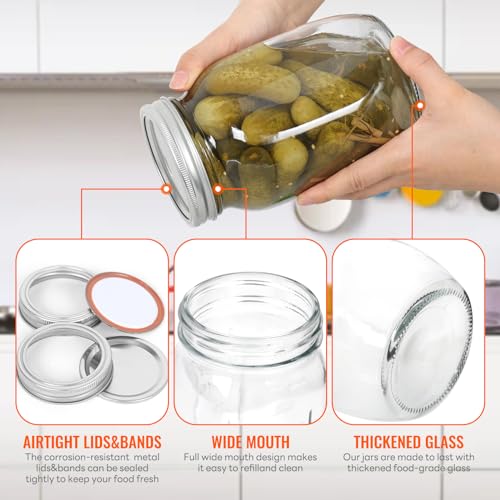 AuroTrends 32 oz Mason Jars Wide Mouth with Lids 6Pack, 32oz Mason Jars with Metal Split Lids & Extra Plastic Lids (32fl.oz, 6Pack)