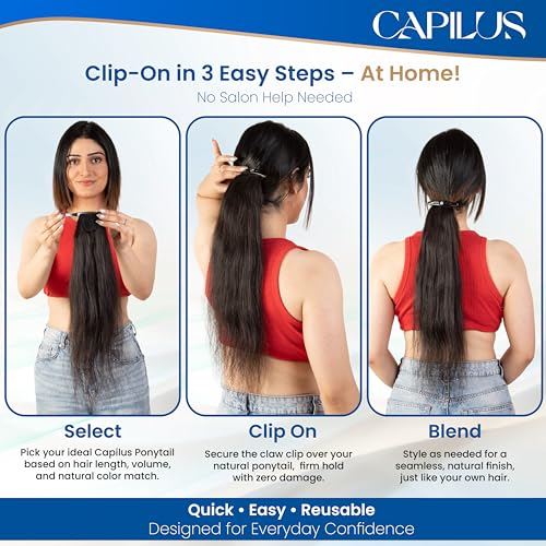 Image of Capilus Flat Clip-In Ponytail Hair Extensions (Black, 24 Inch) | 100% Natural Human Hair | Changeable Clip | Instant Volume & Length | Original Human Hair Ponytail Extension for Women