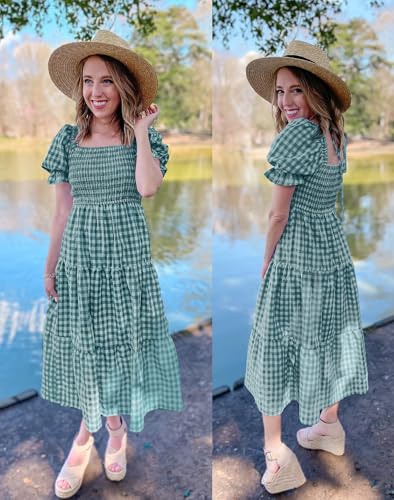 Image of ZESICA Women's 2026 Boho Summer Dresses Gingham Puff Sleeve Square Neck Flowy Beach Midi Dress