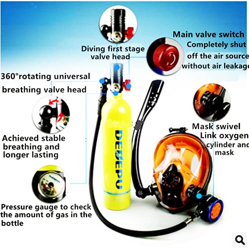 DEDEPU 1L Oxygen Tank,Scuba Diving Tank Set, Scuba Diving Tank Mini Diving Cylinder with Snorkel Mask Simple Breathing Diving Equipment Emergency Spare and Snorkeling Equipment Set for Diver (Yellow)
