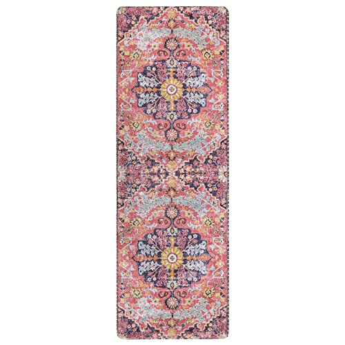 Lahome Bohemian Floral Medallion Runner Rug - 2X6 Hot Pink Hallway Runner Laundry Mat, Machine Washable Non-Slip Soft Indoor Carpet For Bathroom Bedside Basement Camper Home Decor, Fuchsia/Multi #TOP6