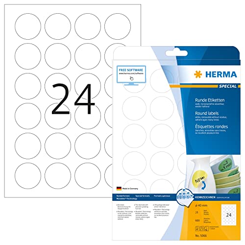 Herma Self Adhesive Removable Multi-Purpose Labels, 24 Labels Per A4 Sheet, 600 Labels For Printers, Round, Ø 40 Mm (5066), White #TOP15