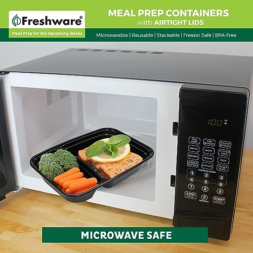 Image of Freshware Meal Prep Containers [15 Pack] 2 Compartment with Lids, Food Storage Containers, Bento Box, BPA Free, Stackable, Microwave /Dishwasher /Freezer Safe (28 oz), Black