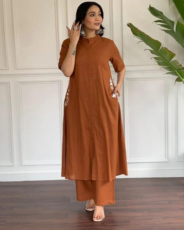 Image of MITZO Cotton Straight Kurta with Palazzo | Co-Ord Set for Women | Stylish Kurta Set for Women | Party & Casual Wear Kurti Set