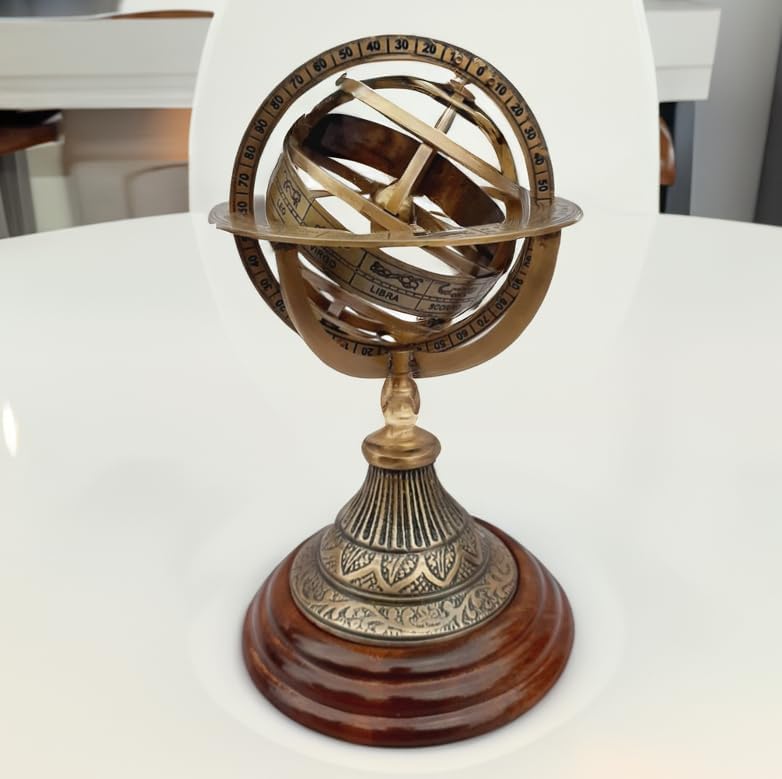 Rustic Antique Engraved Brass Armillary Sphere Globe Astrolabe Arrow Zodiac Table Top World Globe For Home & Office Décor