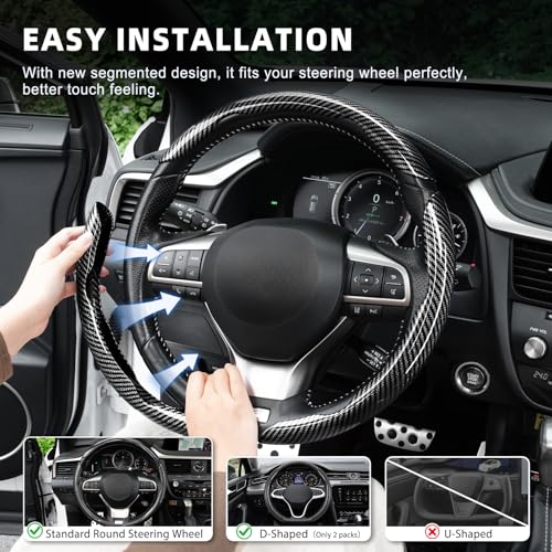 Image of Amiss 3pcs Carbon Fiber Anti-Skid Steering Wheel Cover, Waterproof Design, Universal Fit for 14-16 Inch Car Wheel Cover, Interior Car Accessories for Jeeps, SUVs, Trucks (Glossy Black)