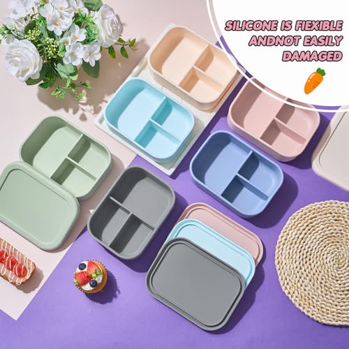 Image of Layhit 6 Pcs Silicone Bento Box for Adults, 27 oz Bento Lunch Container Reusable Food Container for Women Men, Leak Proof Microwave Dishwasher Freezer Safe (3 Compartments,Morandi Colors)