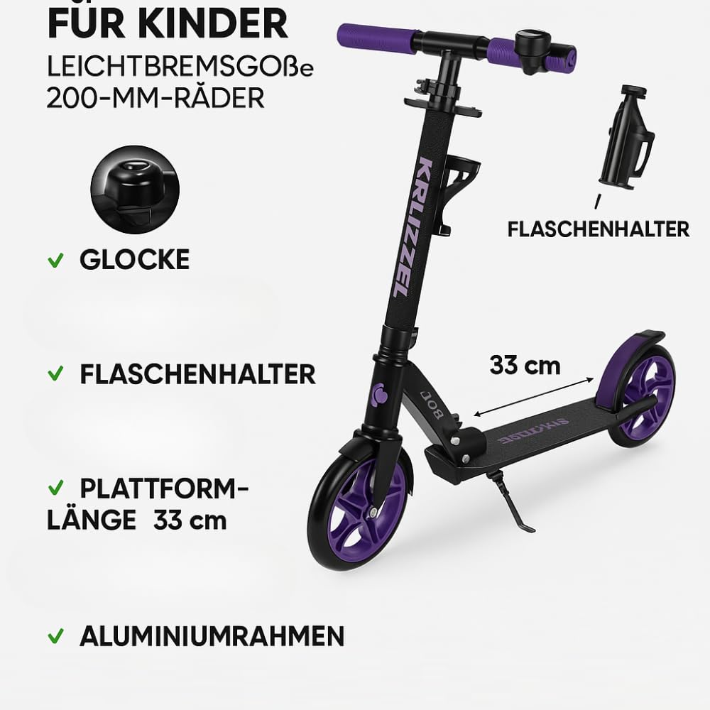 KRUZZEL Roller Kinder Klappbar ab 8 Jahren bis to 100 kg 200-mm-Räder - Höhenverstellbar Lenkrad 87–92–98 cm -Scooter Grau mit Fußbremse und Flaschenhalter - Aluminiumrahmen 25629