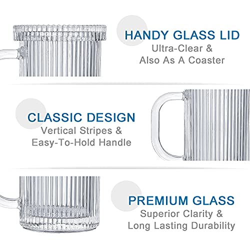Lysenn Clear Glass Coffee Mug - Classic Vertical Stripes Tea Mug - Elegant Coffee Cup With Glass Lid For Latte, Espresso - Lovely Gift For Christmas, Anniversary And Birthday - 11 Oz #TOP5