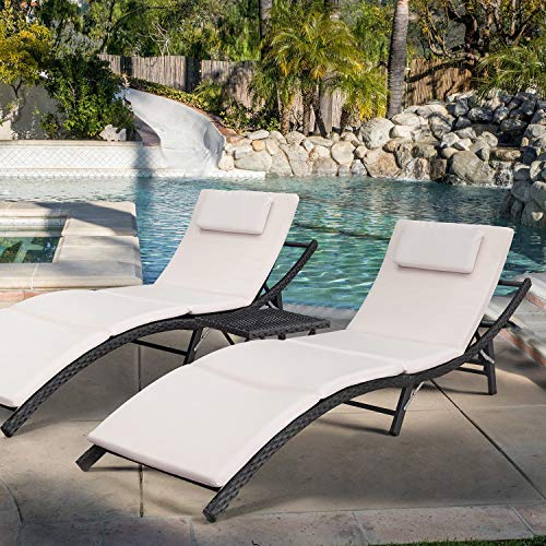 Devoko Patio Chaise Lounge Sets Outdoor Rattan Adjustable Back 3 Pieces Cushioned Patio Folding Chaise Lounge With Folding Table (Beige) #TOP7