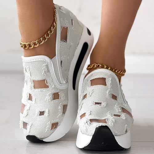 Women's Floral Embroidered Platform Wedge Sneakers, Mesh Slip-On Shoes (White-a,6) - 2