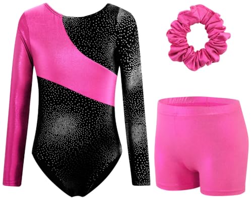 XiaoMoSha Girls Three-Piece Gymnastics Leotards Set Long Sleeve Leotards with Shorts and Hairband Sparkly Ballet Dance Unitards Gradient Color Gymnastics Outfits for Kids RoseRedBlack 7-8 Years