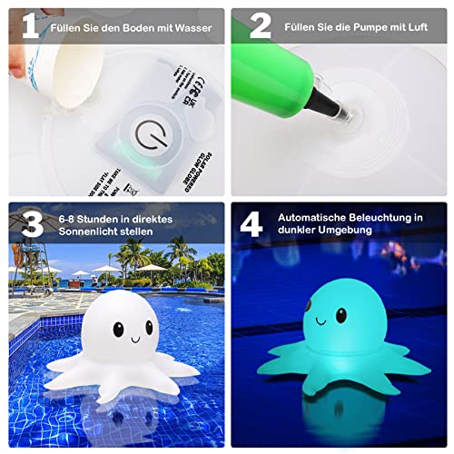 beek Solar Poolbeleuchtung Schwimmend, 2 Stück RGBW Aufblasbar Solarlampe Octopus LED Pool Lichter mit Fernbedienung, IP68 Wasserdichte Solarlichter für Garten, Schwimmbad, Strand, Rasen