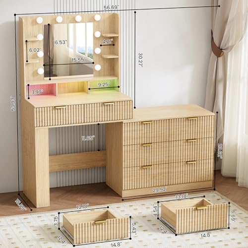 Image of Vanity Desk with Mirror and Lights, Fluted Makeup Vanity with 8 Drawers, Storage Shelves, RGB Light and Power Outlet, Bedroom Dessing Table for Women, Girls, Oak,56.7 inch
