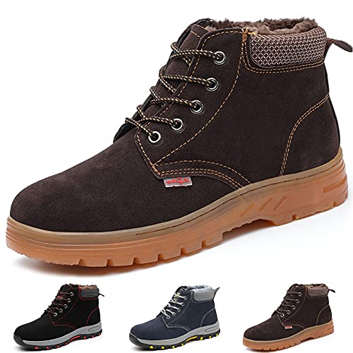 Gainsera Winter Safety Boots Women Men Steel Toe Cap Work Boots with Warm Fur Lining Safety Shoes Trainers Ankle Plush Work Shoes, Brown 8UK 42EU 260