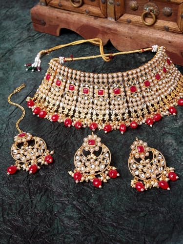 Conjunto de joyas Kundan rojas DMZ-2960 para bodas y galas 2