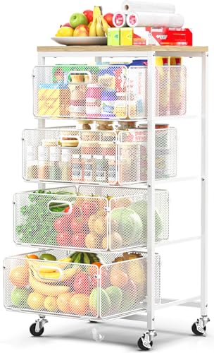 SUNALLY Rolling Kitchen Cart with Drawers, 4-Tier Utility Cart Fruit Vegetable Storage Cart with Lockable Wheels, Wooden Top Metal Kitchen Storage Organizer for Cans, Snacks, Beauty, Craft, Art, White