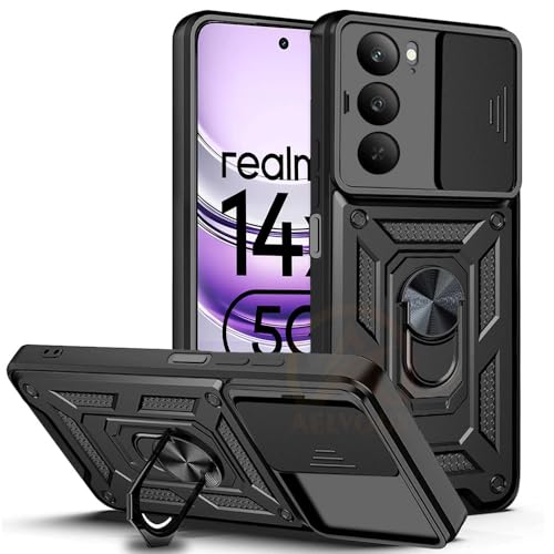 Image of Armor Bumper Back Cover Case for Realme 14X 5G Rotating Camera Cover, Ring Holder & Kickstand | Heavy Duty & 360 Degree Protection Realme 14X 5G Back Cover (Black)