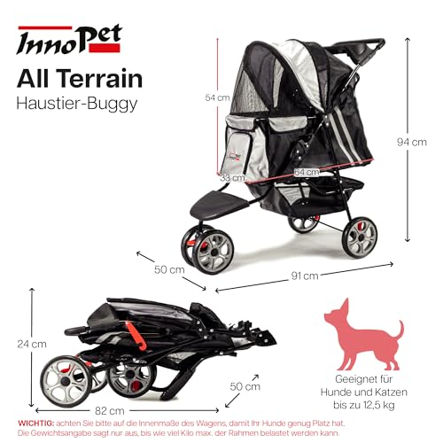 Hundebuggy Katzenbuggy - Innopet All Terrain Schwarz/Silber - Leichter 3 Rad Hundewagen - Räder pannensicher - Vorderad fixierbar Haustierwagen
