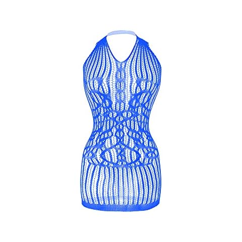 Vorifun Women Fishnet Lingerie See Through Sleepwear One Piece V-Neck Babydoll Mini Dress One Size Women's Mesh Lingerie Fishnet Babydoll Mini Dress Free Size Bodysuit One Piece Blue Cover