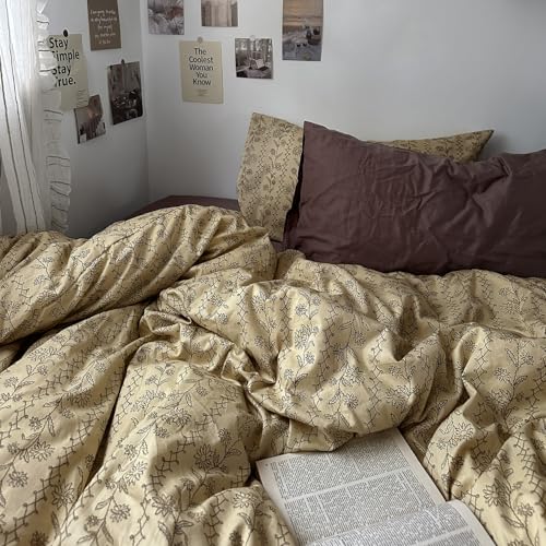 Image of MKXI Beige & Brown Vintage Floral Duvet Cover Set Twin Size - 3 Piece Soft&Breathable Boho Bedding Set with Geometric Patterns, 100% Cotton Aesthetic Duvet Cover with Zipper Ties & Pillowcases