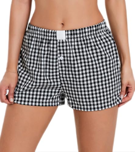 Image of Y2k Plaid Shorts Cute Baggy Ginghem Boxer Shorts for Women Checked Lounge Pajama Bottom Preppy Sleep Pj Shorts
