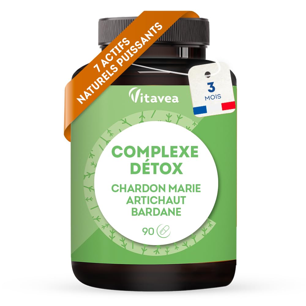 Complexe Détox - Elimination des Toxines, Digestion, Foie - 7 Actifs Naturels - Chardon Marie, Artichaut, Bardane, Pissenlit, Radis Noir - 90 Gélules, 1/jour - Vegan - Fabriqué en France - Vitavea