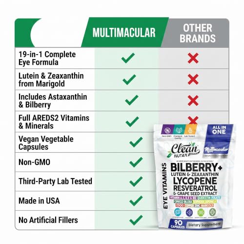 Image of Clean Nutra Multimacular Bilberry+ Lutein Zeaxanthin Lycopene Resveratrol with Flax Seed Grape Japanese Knotweed Ginkgo Biloba Sophora Japonica Coenzyme Copper Zinc Marigold Black Pepper 90 Capsules