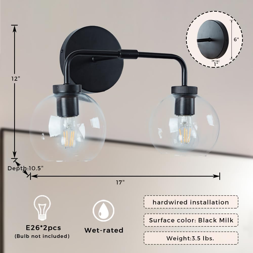 Modern Matte Black Double Glass Globe Wall Sconce, 17 X 7 Inch Vanity Light Over Mirror, Bathroom Light Fixture with Matte Black Metal Canopy