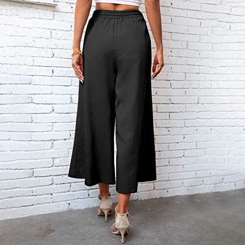 YOLAI Women Linen Palazzo Pants Wide Leg Drawstring Casual Trousers Loose Crop Elastic Waist Beach Pants with Pockets (Black, XXL)4