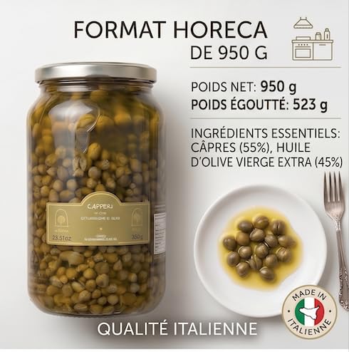 Kapern aus Pantelleria in nativem Olivenöl extra 950 g, Abtropfgewicht 523 g – Sizilianische Gourmet-Konserve – Ideal für Fisch, Salate, Saucen, Vorspeisen und mediterrane Küche – 4 Stück
