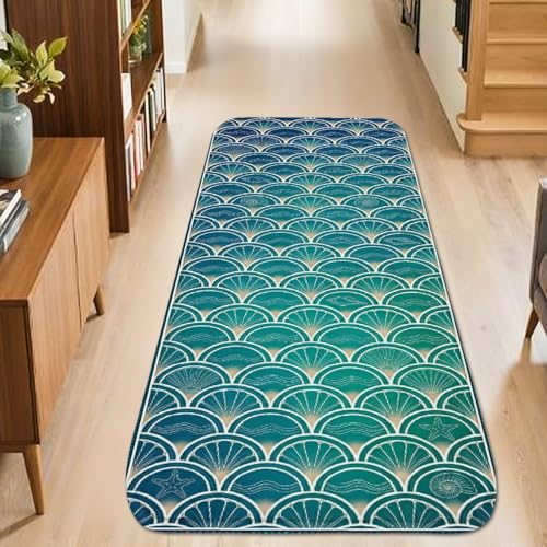 Tapis en forme d'étoile de mer moderne vagues d'été bleu sarcelle à poils courts en éponge esthétique rectangulaire pour cuisine, salle de bain, entrée,...