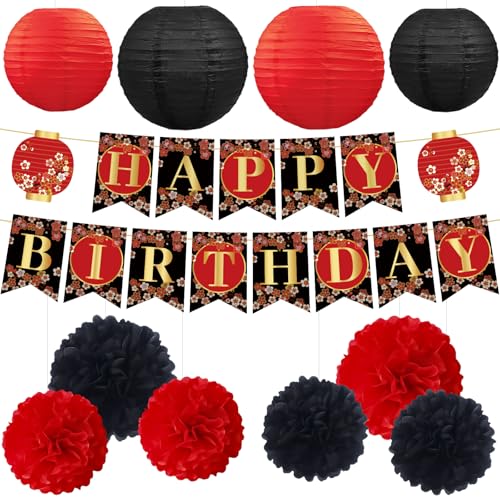 Image of Hibachi Birthday Party Decorations - 12 Pcs Pre-Strung Red Black Gold Cherries Flower Banner, Japanese Style Chinese Lanterns Decor Paper Flowers, Happy Birthday Party Supplies for Men Women