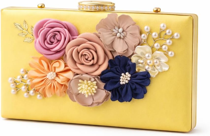 Shiiriin Women's 3D Floral Pearl Clutch Purse perfect for Bridal, Wedding, evening and Parties | 3D floral detail, Pearl accents, Hard case design, Lightweight carry, Fits essentials