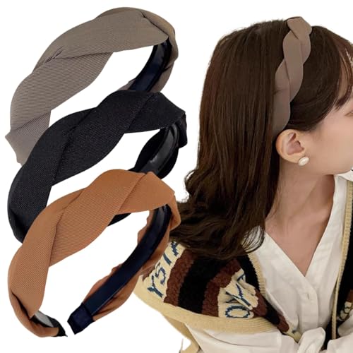 Ypkia 3 Stück Haarreifen Geflochten Damen Breit Haarbänder mit Zähnen Geknotete Stoff-Stirnbänder Haarschmuck Für Frauen Mädchen