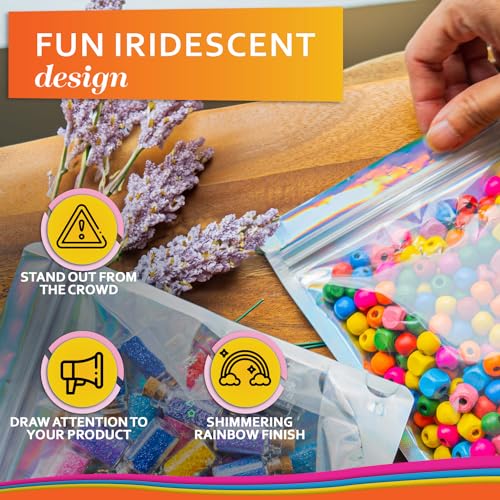 WaldOaks - 100 Pcs Iridescent Resealable Mylar Bags - 5x7 Inch Ziplock Heat Sealable Stand Up Pouches Parties Small Business Packaging