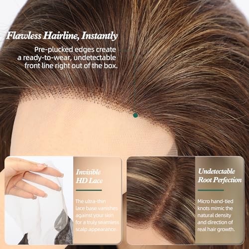 Image of 5x5 Lace Front Wigs for women,Human Hair Blonde Straight Glueless with Free Part & Pre Plucked Natural Hairline 16 Inch(Dark Brown Highlights)