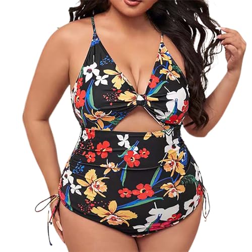 Bañadores Mujer Tallas Grandes Trajes de Baño 2024 Trajes de baño Talle Traje Monokini con cordón Recortado y Estampado Talla Grande Traje Bañador Mujer Reductor (Black, XXXL)