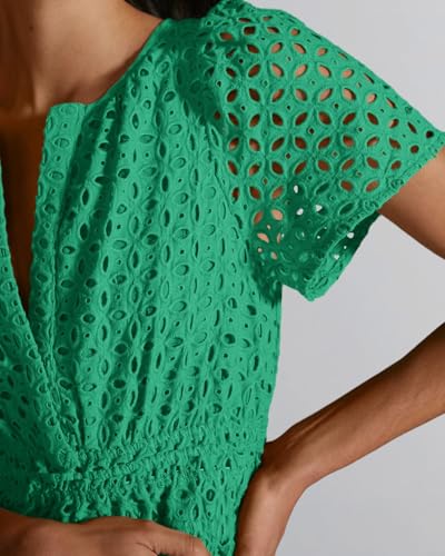 Image of Women Summer Short Sleeve Dress Hollow Out A Line V Neck Smocked Waist Ruffle Beach Mini Dresses