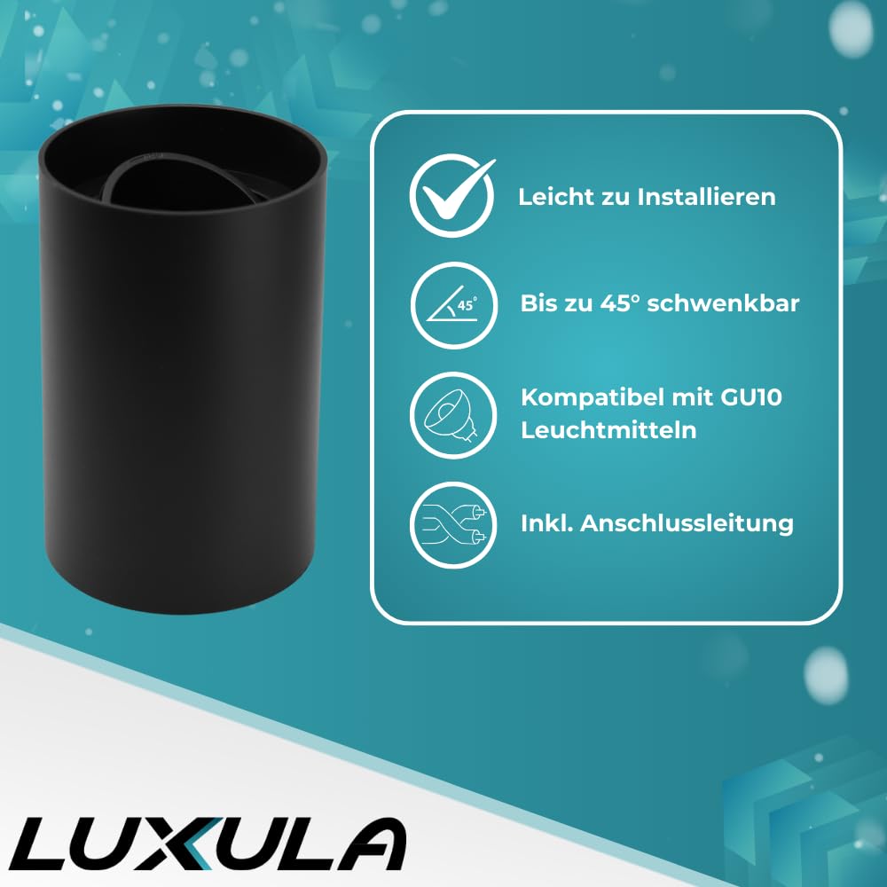 LUXULA 8er Set Aufbauspot Aufbaustrahler mit GU10 Fassung - 45° Schwenkbar - rund - schwarz - Kunststoff - Deckenspot Aufbauleuchte - 230V - ohne Leuchtmittel