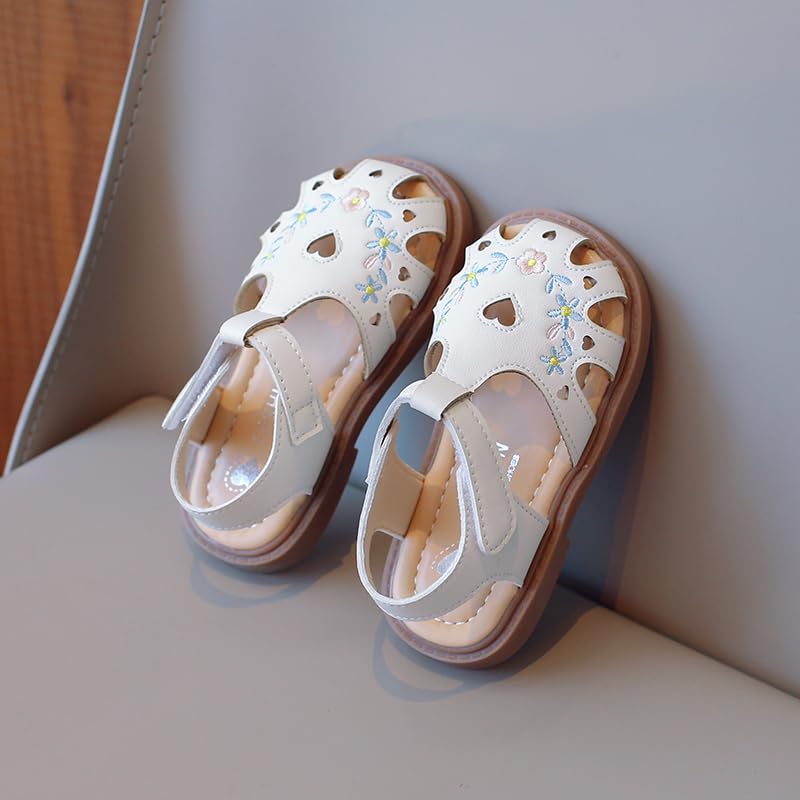 Toddler Girls Sandals – Soft Sole Summer Shoes with Heart Cutouts and Embroidery – Pink or Beige3