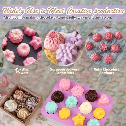 Image of Soap Molds Silicone Flower Shapes 3 Packs for Chocolate Gelatina Lotion Bar Candy Ice Cube Jelly Bathbomb, Blossom Rose Baking Tray Molds Unique Heart Star Food Grade Non-stick Homemade DIY BPA free