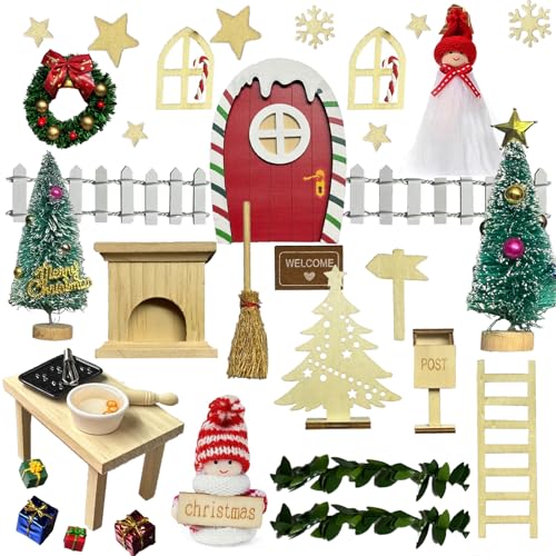 Set di 40 Porte con Gnomo di Natale, Miniature Porta elfo Natale, Casetta Elfo di Natale Decorazioni per Bambini Decorazione Gnomo in Legno, Cassetta Postale, Stivali, Recinzione, Ghirlanda, Scala