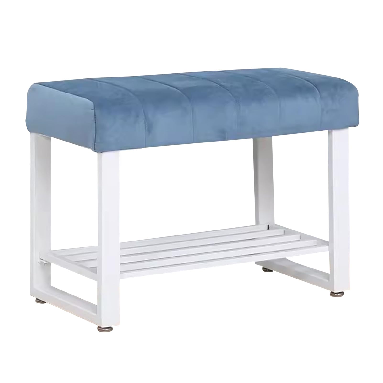 Banc à chaussures rembourré en velours bleu avec base en métal