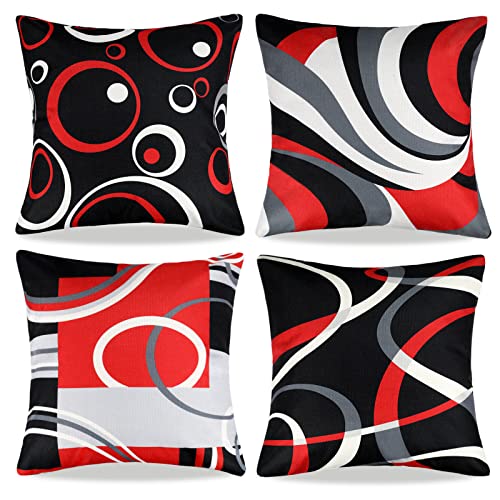 Taie Coussin Noir Et Rouge Housse D'oreiller 40 X 40 cm Housse Coussins Moderne Lin Décoratif Housses Coussin Lot De 4 Géométrique Motif Housse De Coussins...