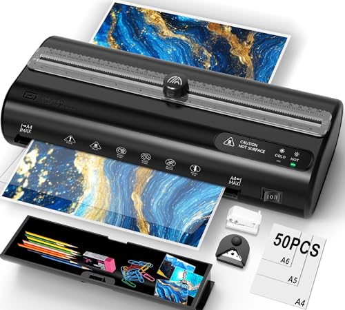 Plastificadora A4 Máquina Laminadora con 50 Bolsas de Plastificación para A4/A5/A6, plastificación en frío y en caliente, plastificadora con compartimento de almacenamiento, recortadora y perforadora