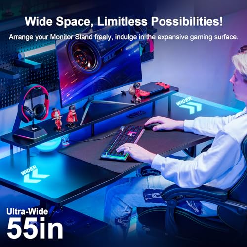 COMHOMA 55 Inch Gaming Desk with USB Charging Ports and LED Lights, Computer Desk with Monitor Stand for Home Office, Modern Gamer Desk Table with Mouse Pad & Side Hook, Colorful - Image 5