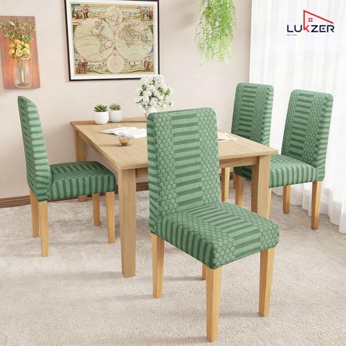 Image of Lukzer Elastic Dining Chair Cover - 2PC Pastel Green Dotted Stripe | Textured High Stretch Jacquard Seat Cover | Removable Washable Short Dining Chair Cover Protector Seat Slipcover | (CC-066-02)